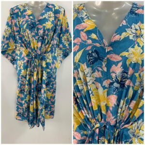Blue shade Yellow-Pink Morning Glory Print Mid-Length Cotton Maternity Kaftan Dress