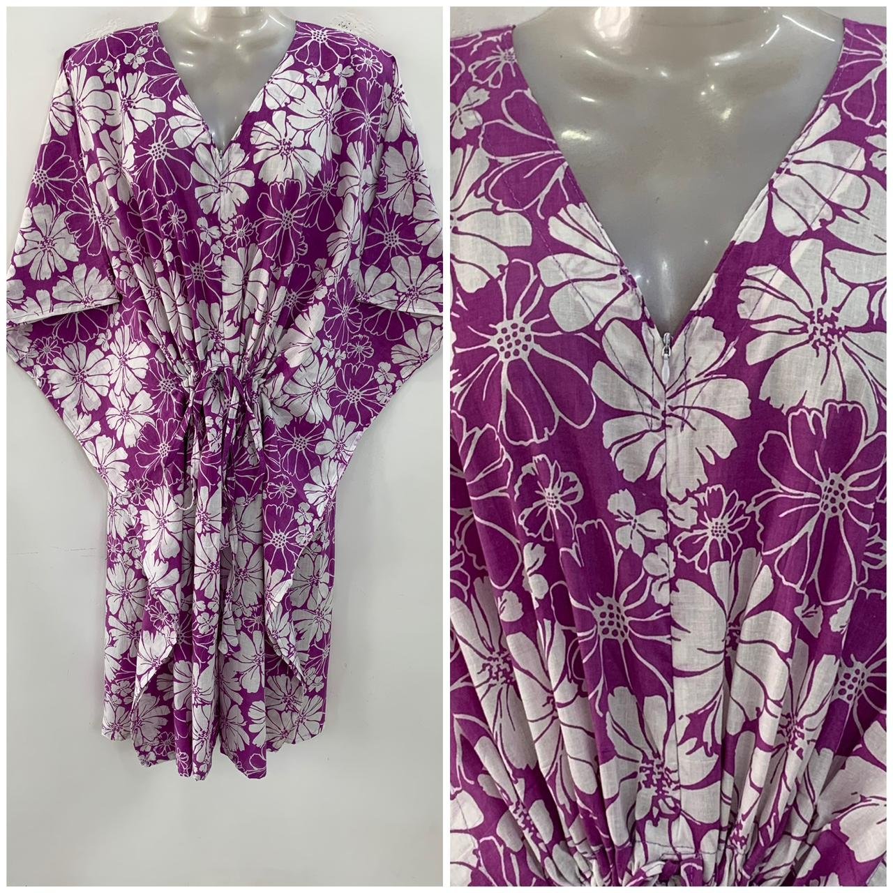 Purple shade Daisy Flower Outliner Print Mid-Length Cotton Maternity Kaftan Dress