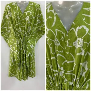 Fresh green shade Big Flower Outliner Print Mid-Length Cotton Maternity Kaftan Dress