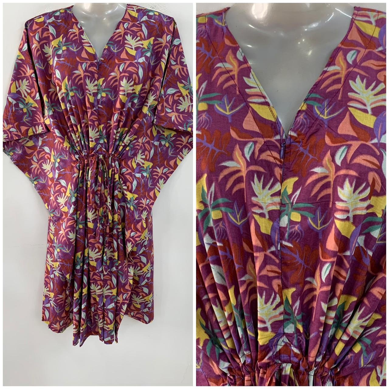 Purple shade Multicolor leafy Print Mid-Length Cotton Maternity Kaftan Dress