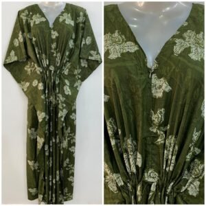 Dark Olive Shade White Flower Garden Print Cotton Maternity Kaftan