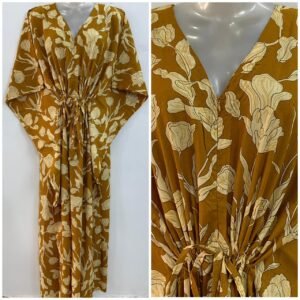 Mustard Brown Shade Tulip Flower Print Cotton Maternity Kaftan