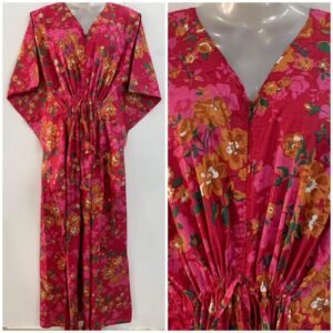 Pink Shade Yellow Flower Bunch Print Cotton Maternity Kaftan
