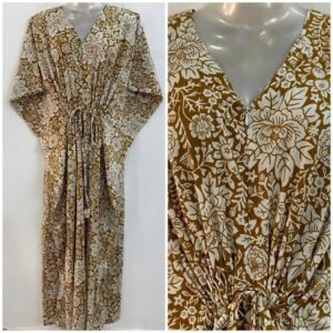 Mustard Brown Shade Flower Leafy Print Cotton Maternity Kaftan