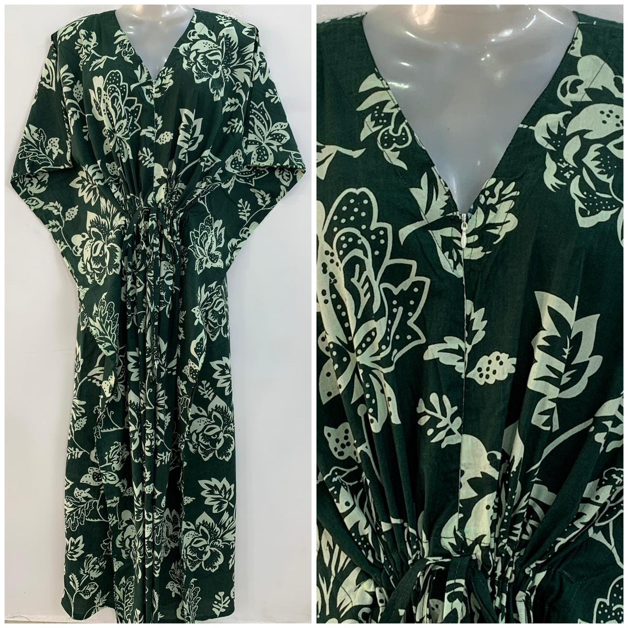 Dark Green Shade Rose Flower Print Cotton Maternity Kaftan