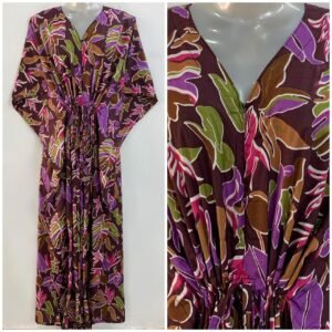 Dark Brown Shade Multicolor Leafy Abstract Print Cotton Maternity Kaftan