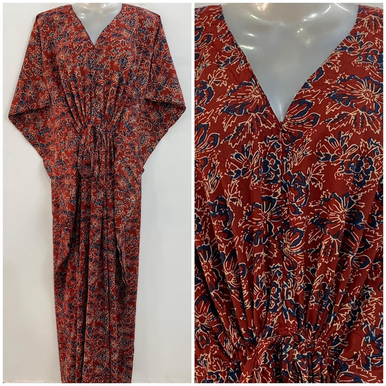 Brick Red Shade Blue Small Flower Outliner Print Cotton Maternity Kaftan