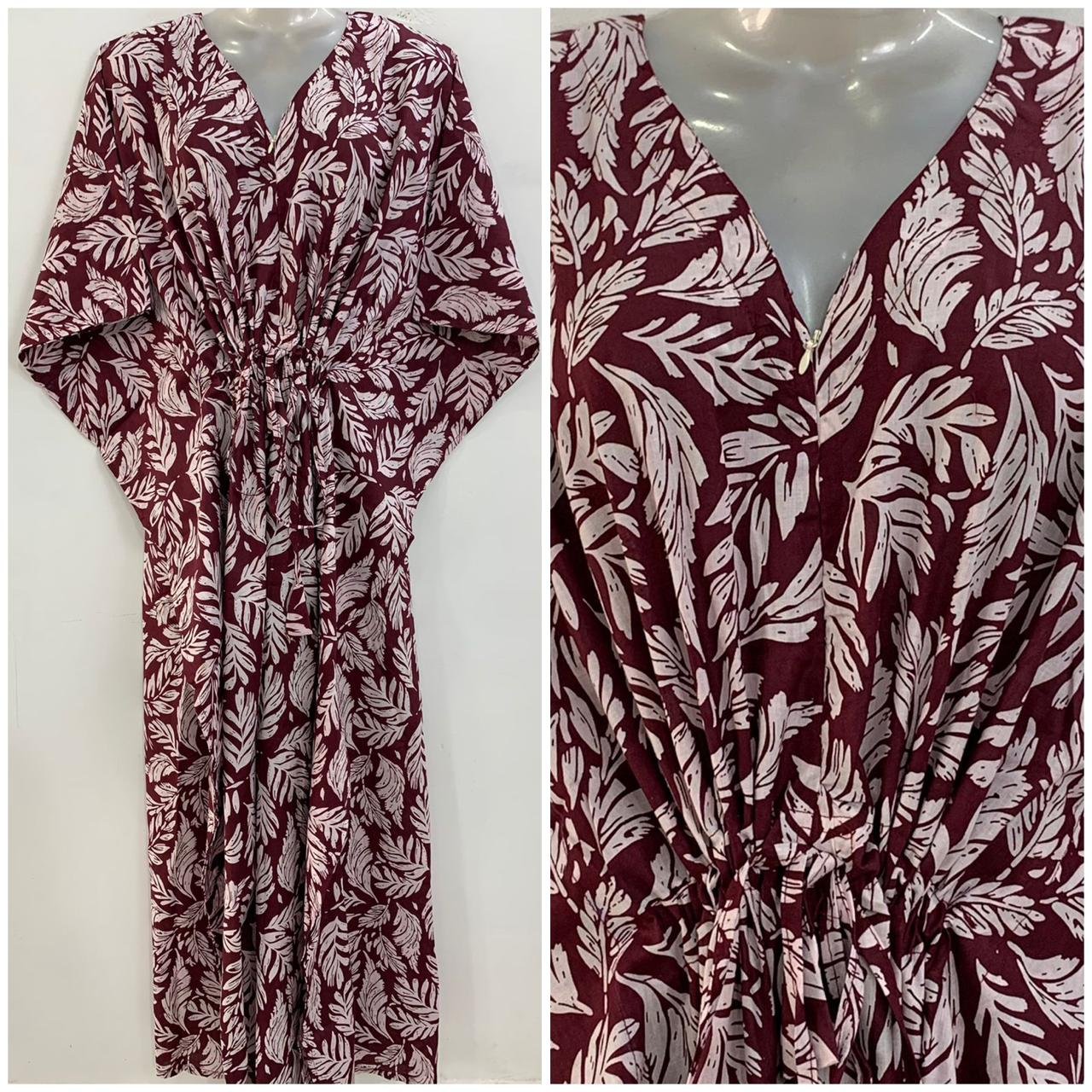 Mehroon Shade White Pine Leafy Print Cotton Maternity Kaftan