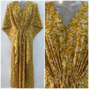 Yellow Shade Small Four Petal Print Cotton Maternity Kaftan