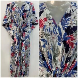 Blue Leafy White Hibiscus Flower Outliner Print Cotton Maternity Kaftan