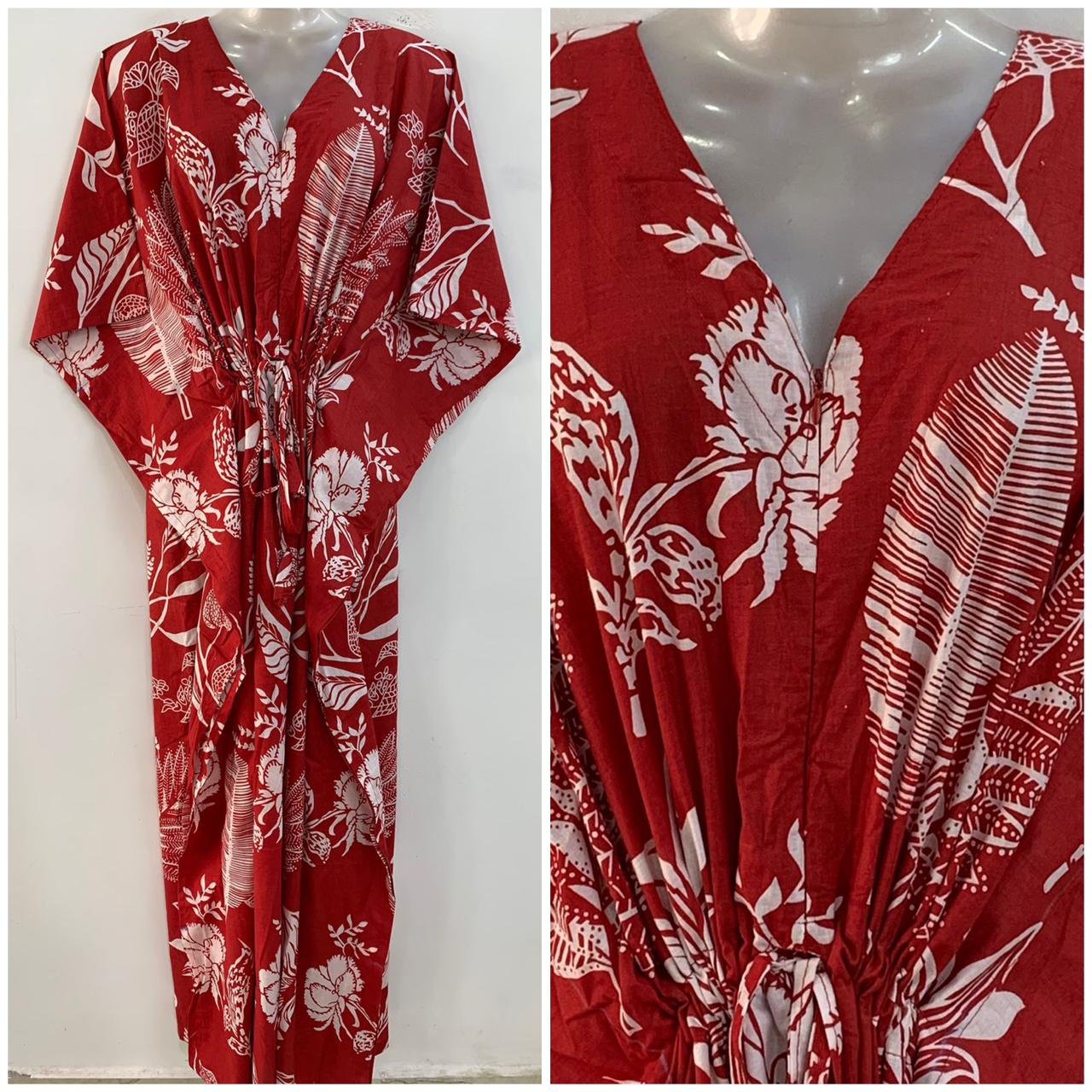 Red Shade Digital Flower Leafy Print Cotton Maternity Kaftan