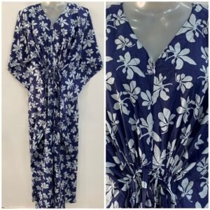 Rin Blue Shade Autumn Leafy Print Cotton Maternity Kaftan