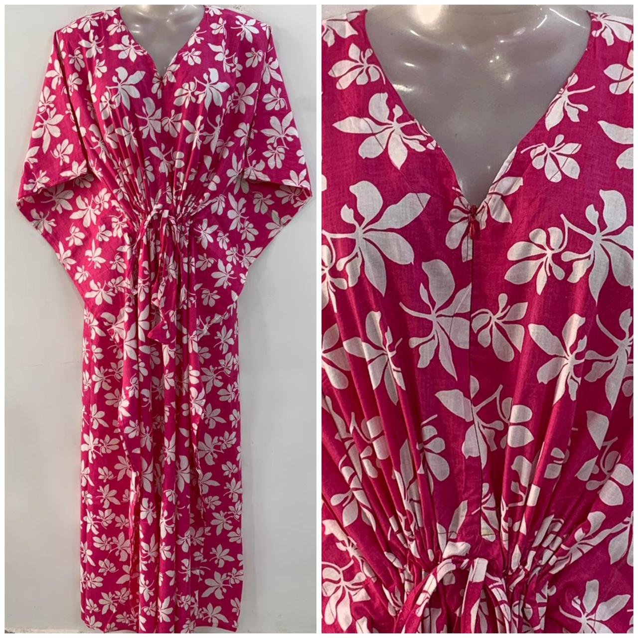 Pink Shade Autumn Leafy Print Cotton Maternity Kaftan