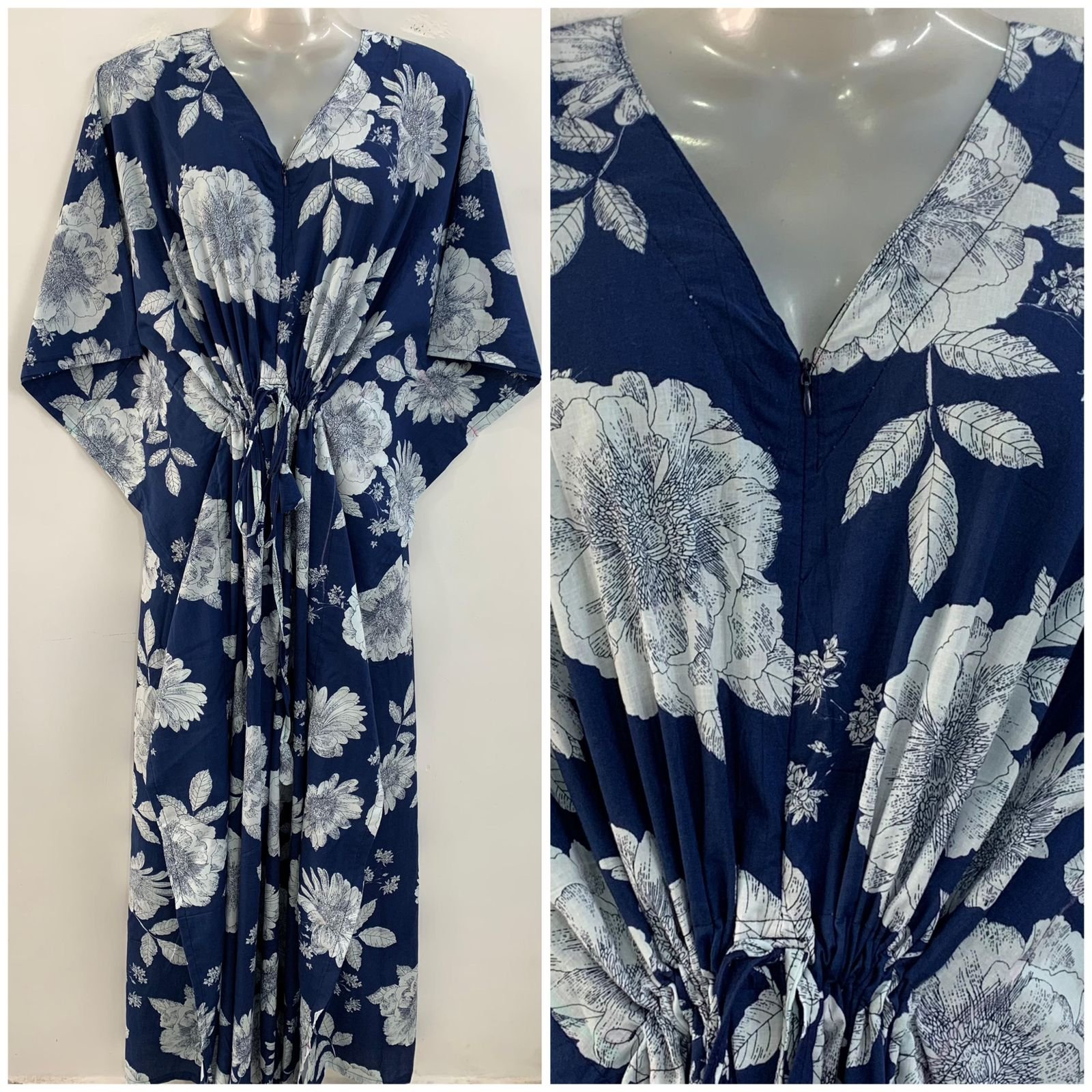 Blue Shade Big White Flower Print Cotton Maternity Kaftan