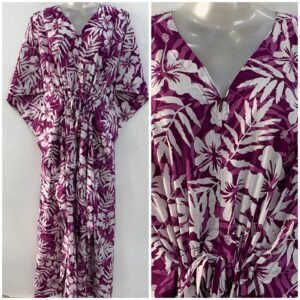 Purple Shade Hibiscus Flower Leafy Print Cotton Maternity Kaftan