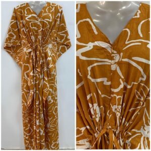 Mustard Brown Shade Big Flower Outliner Print Cotton Maternity Kaftan