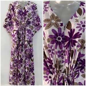 White Shade Purple Daisy Flower Print Cotton Maternity Kaftan