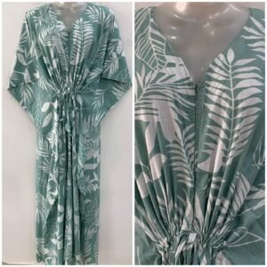 Slate Green Shade Big White Leafy Print Cotton Maternity Kaftan