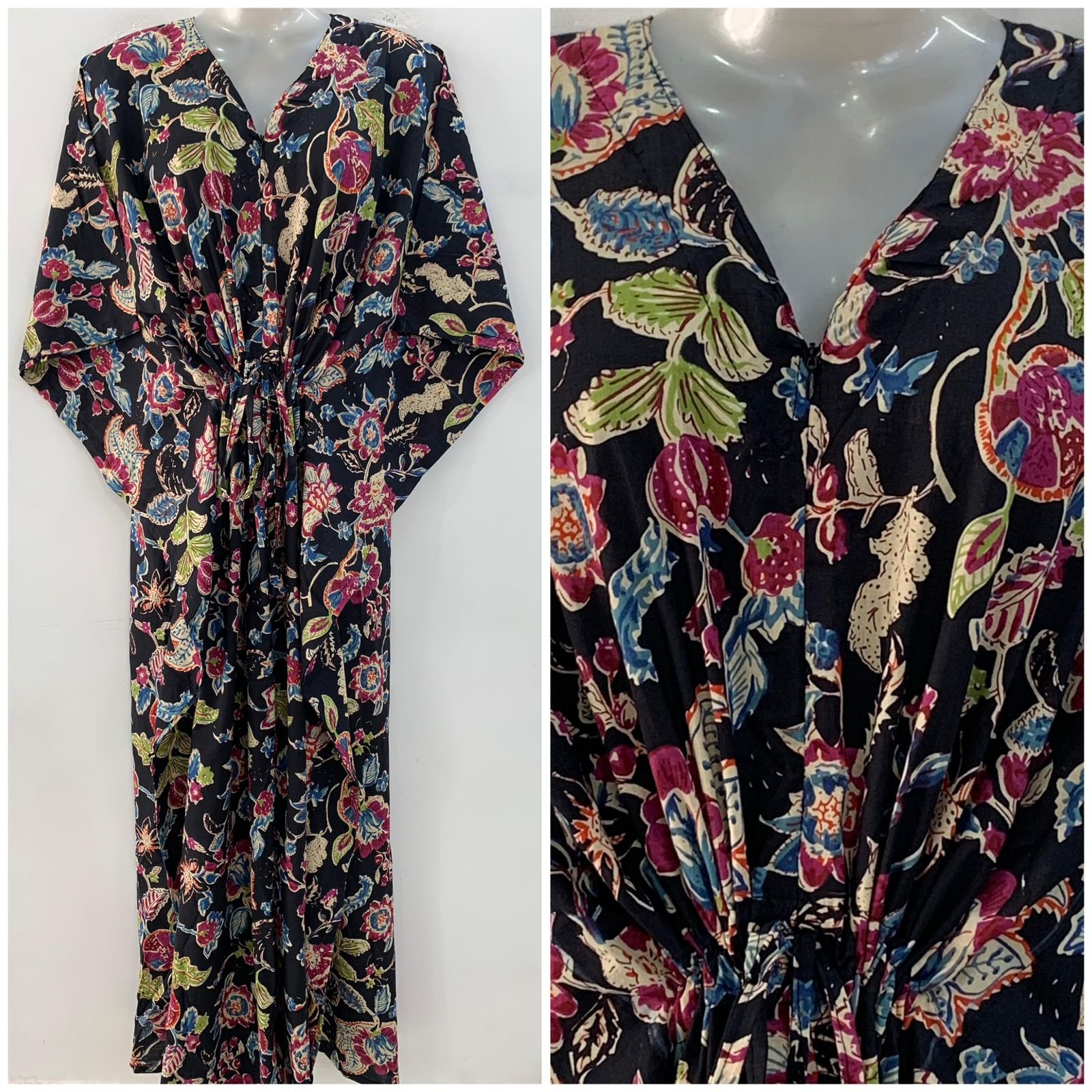 Black Shade Pink Marigold Leafy Print Cotton Maternity Kaftan