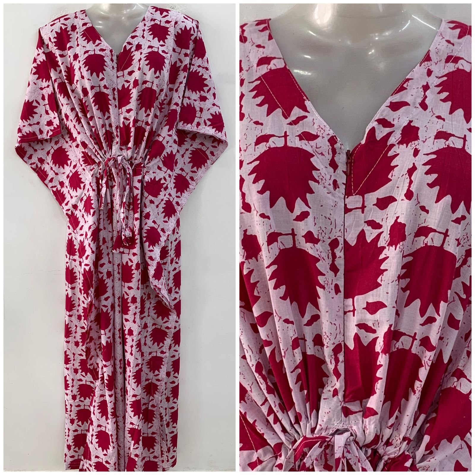 Pink Maple Leafy Print Cotton Maternity Kaftan