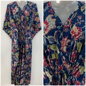 Navy Blue Shade Pink Marigold Flower Print Cotton Maternity Kaftan
