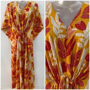 Yellow Shade Red Tulip Flower Print Cotton Maternity Kaftan