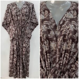 Wood Brown Shade Jungle Leafy Print Cotton Maternity Kaftan