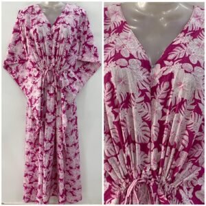 Pink Shade White Hibiscus Flower Leafy Print Cotton Maternity Kaftan