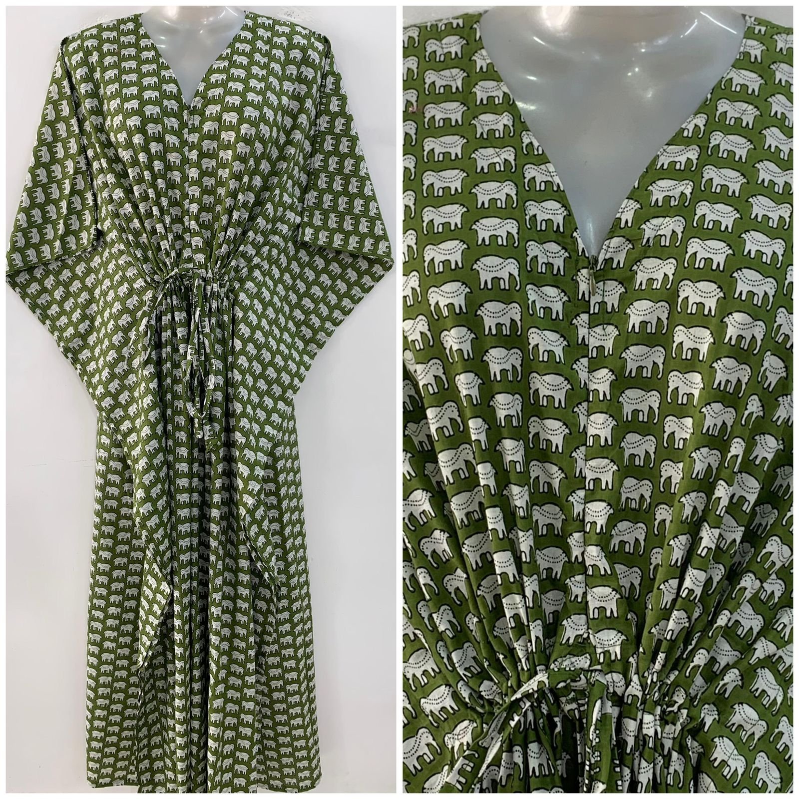 Green Shade Small Elephant Print Cotton Maternity Kaftan