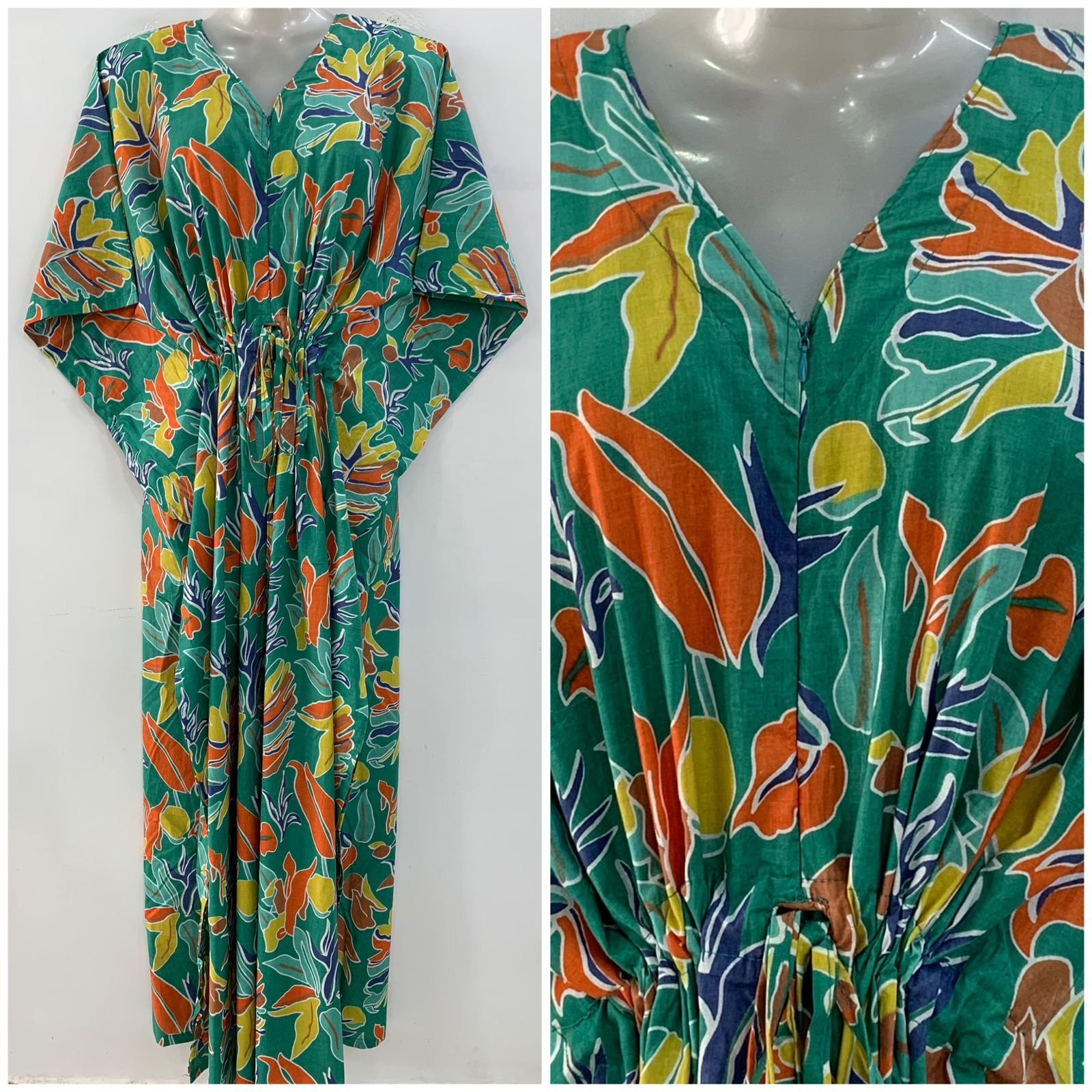Fresh Green Multicolor Leafy Abstract Print Cotton Maternity Kaftan