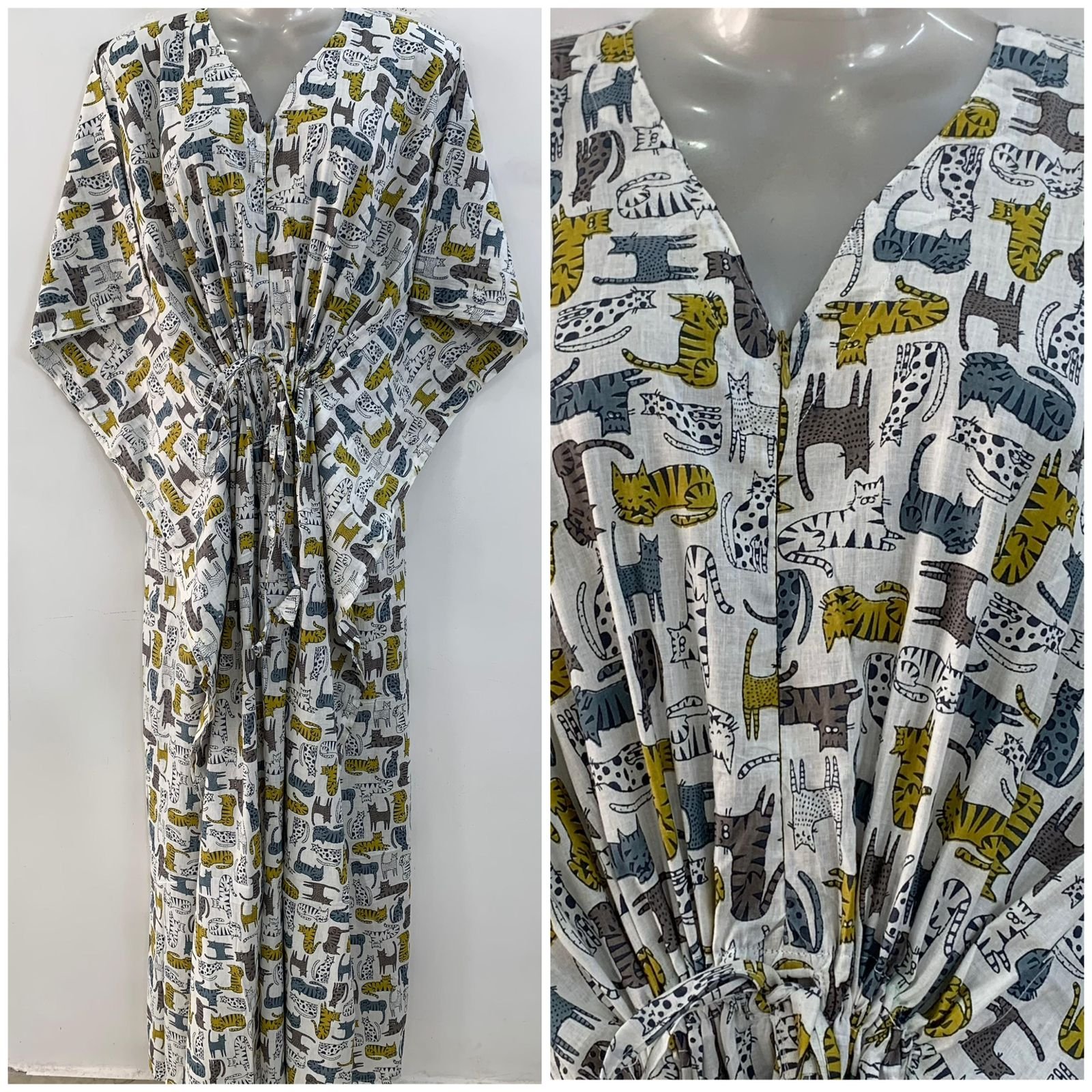 Grey-Yellow Kitty Cat Print Cotton Maternity Kaftan