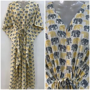 Black-Yellow Paper Elephant Print Cotton Maternity Kaftan
