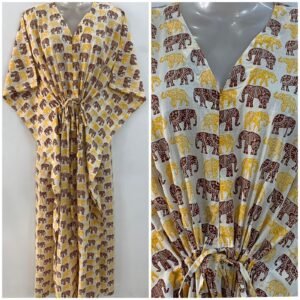 Brown-Yellow Paper Elephant Print Cotton Maternity Kaftan