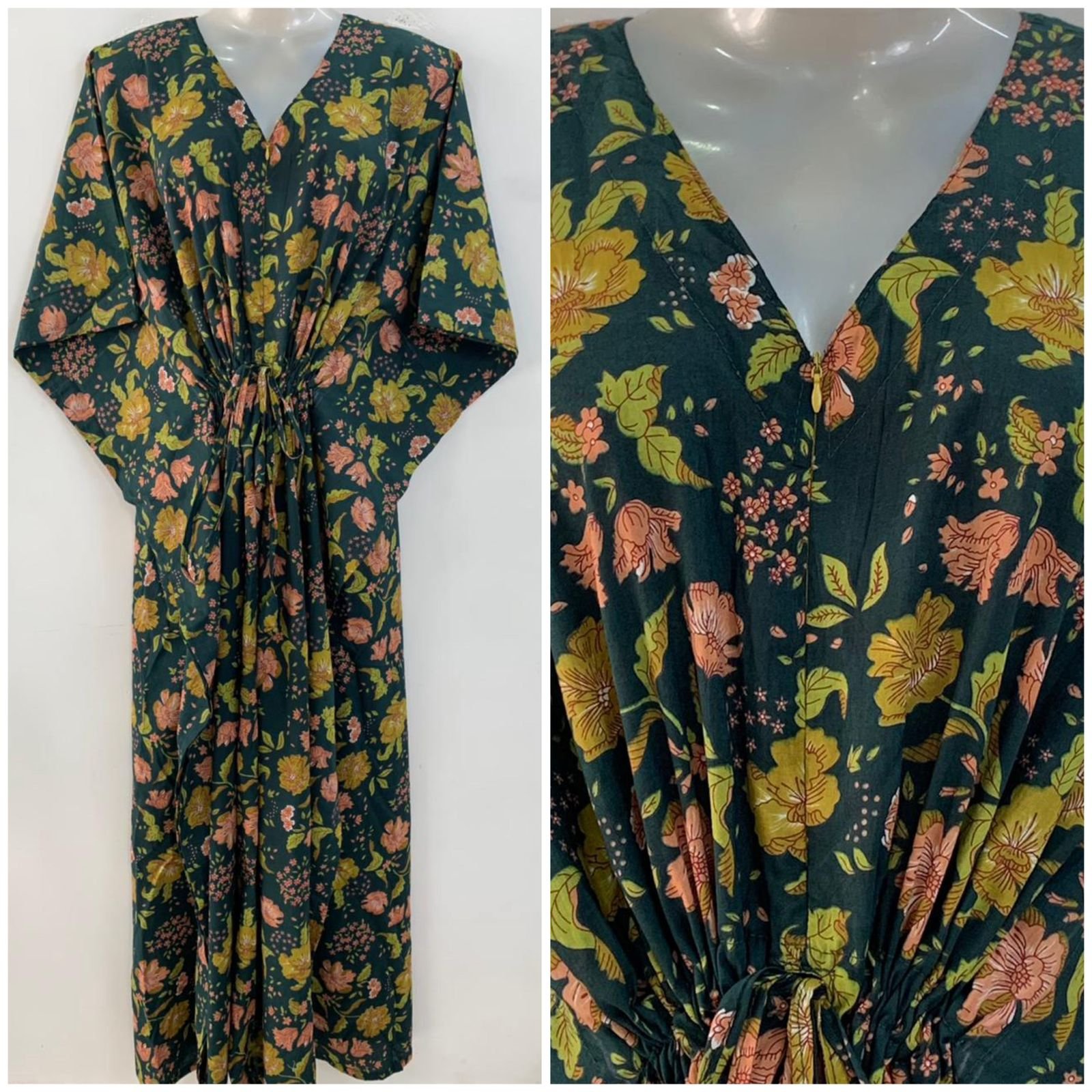 Dark Green shade Beautiful flower Garden Print Cotton Maternity Kaftan
