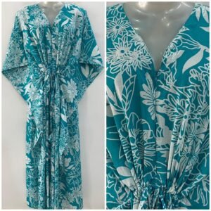 Blue Shade Flower Ouliner Print Cotton Maternity Kaftan