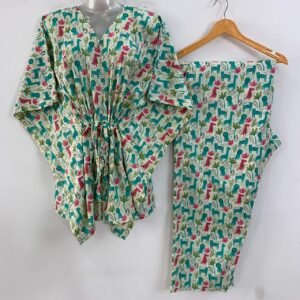 Off White Shade Green Pink Animal Print Cotton Maternity Kaftan Co-Ord Set