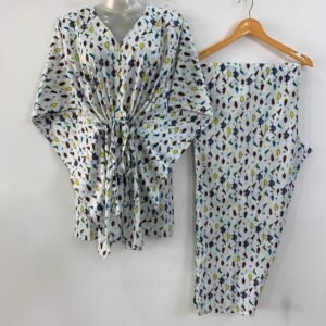 White Shade Blue Brown Dino Print Cotton Maternity Kaftan Co-Ord Set