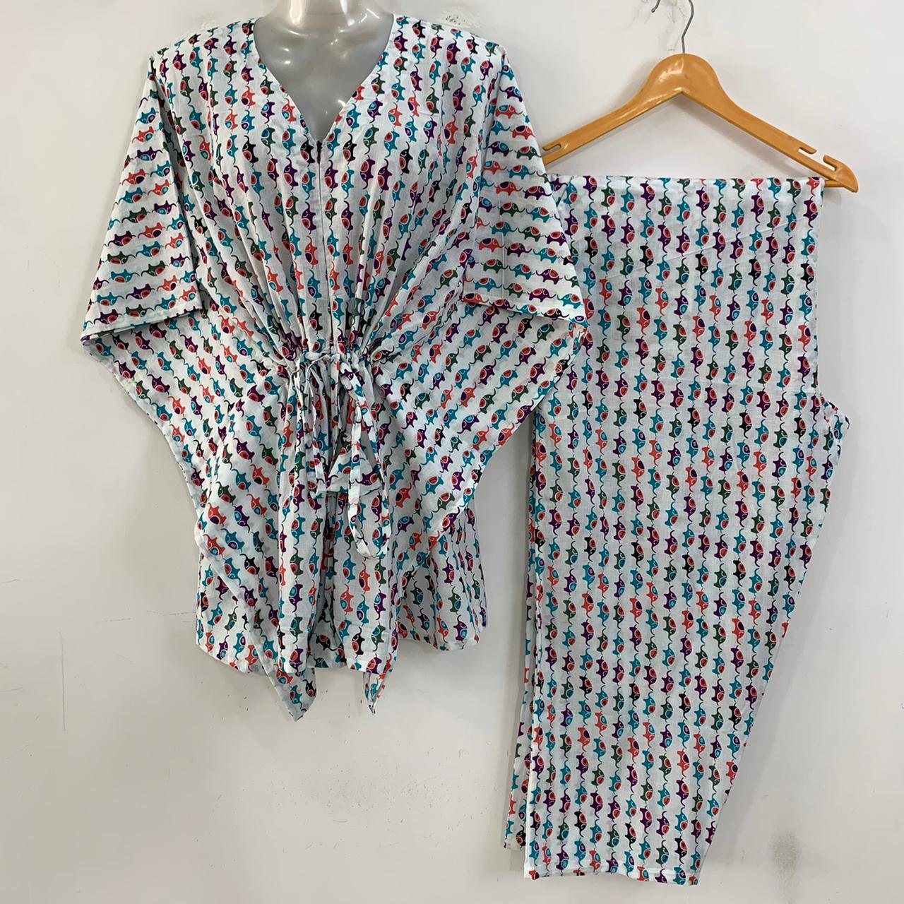 Colorful Small Elephant Print Cotton Maternity Kaftan Co-Ord Set