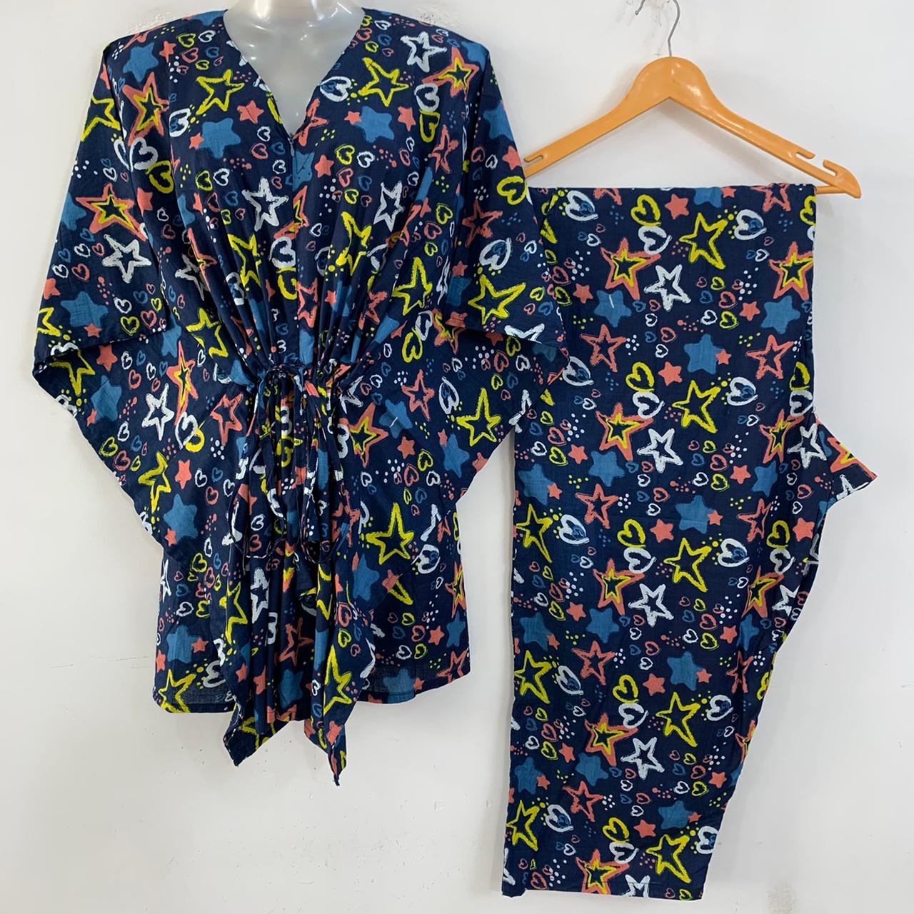 Blue Shade Yellow Star Print Cotton Maternity Kaftan Co-Ord Set