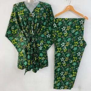 Green Shade Yellow Star Print Cotton Maternity Kaftan Co-Ord Set