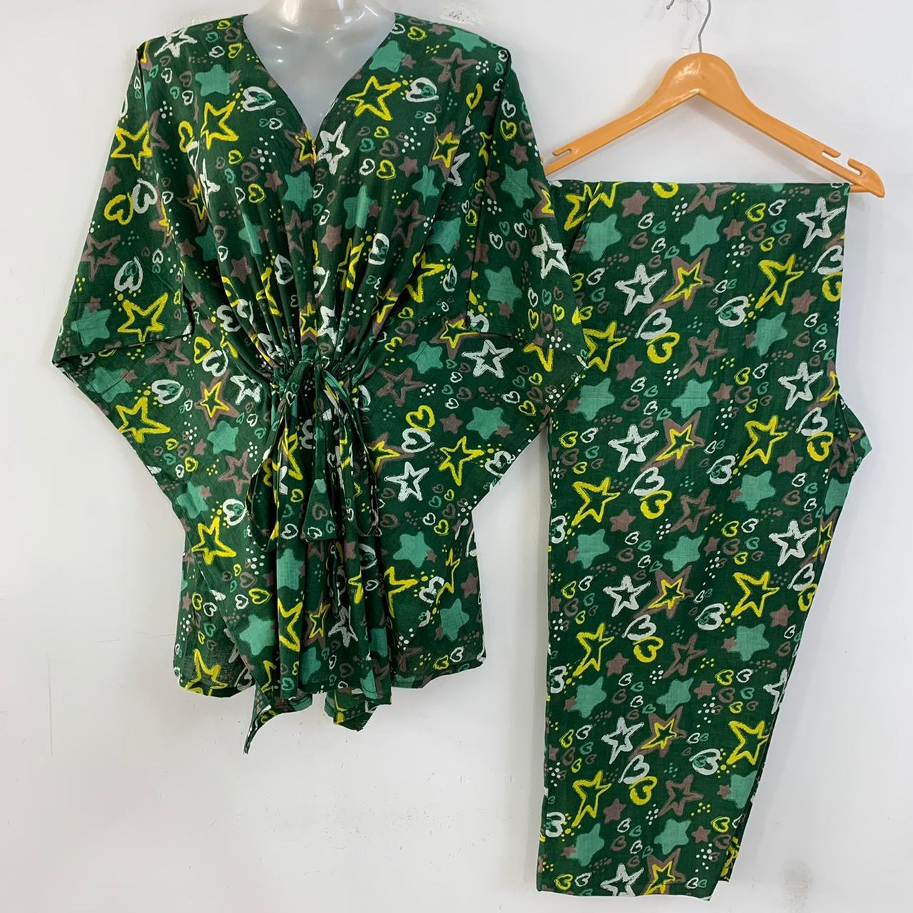 Green Shade Yellow Star Print Cotton Maternity Kaftan Co-Ord Set
