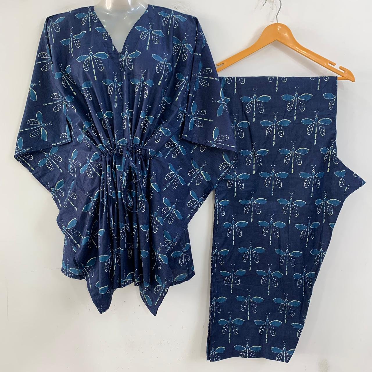 Indigo Shade Dragonfly Print Cotton Maternity Kaftan Co-Ord Set