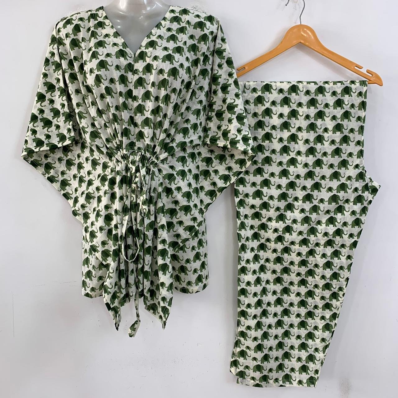 Green Elephant Print Cotton Maternity Kaftan Co-Ord Set