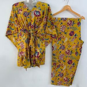 Yellow Shade Pink Marigold Print Cotton Maternity Kaftan Co-Ord Set