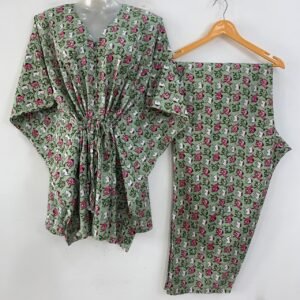 Green Shade Stripe Camel Print Cotton Maternity Kaftan Co-Ord Set
