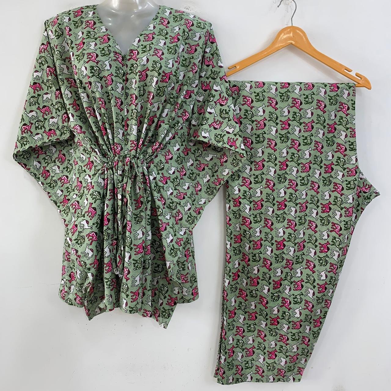 Green Shade Stripe Camel Print Cotton Maternity Kaftan Co-Ord Set