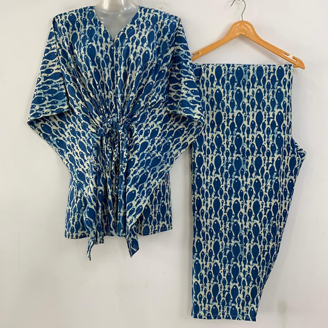 Blue Fishy Print Cotton Maternity Kaftan Co-Ord Set