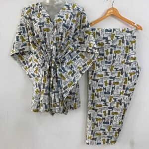 Grey-Yellow Kitty Cat Print Cotton Maternity Kaftan Co-Ord Set