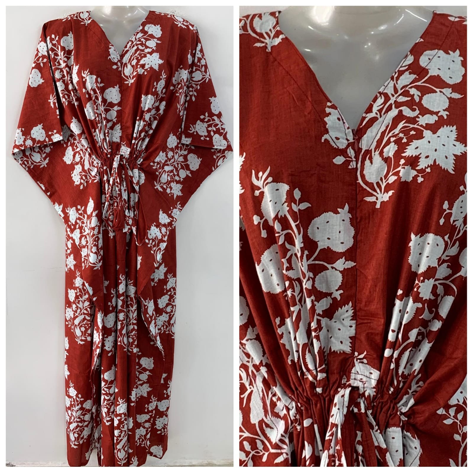 Brick Red Shade White Flower Bunch Print Cotton Maternity Kaftan