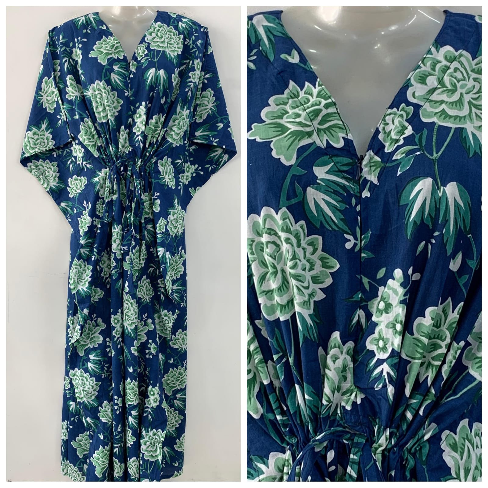 Blue shade Green Dandelion Flower Print Cotton Maternity Kaftan